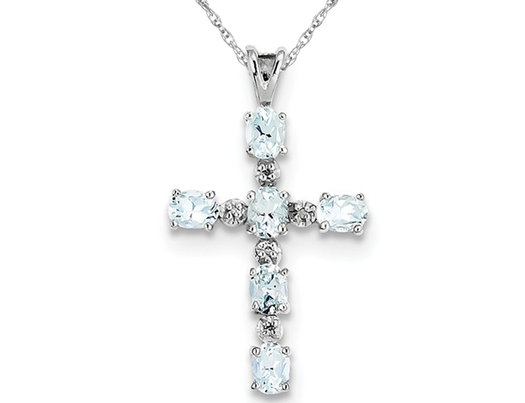 Sterling Silver Genuine Aquamarine Cross Pendant Necklace with Chain 9/10 Carat (ctw)
