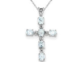 Sterling Silver Genuine Aquamarine Cross Pendant Necklace with Chain 9/10 Carat (ctw)