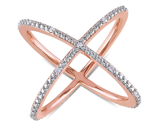 1/10 Carat (ctw) Diamond Criss-Cross Ring in Pink Plated Sterling Silver