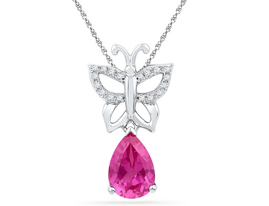 Lab Created Pink Sapphire 2.75 Carat (ctw) Butterfly Drop Pendant Necklace in Sterling Silver with Accent Diamonds