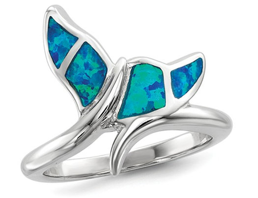 Synthetic Blue Opal Whale Tail Ring in Sterling Silver with Rhodium