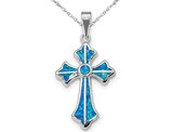 Lab-Created Blue Opal Cross Pendant Necklace in Sterling Silver with Chain