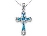Lab Created Blue Opal Cross Pendant Necklace in Sterling Silver with Chain