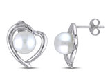 8-8.5mm White Freshwater Cultured Pearl and Diamond Heart Stud Earrings in Sterling Silver