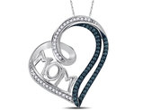Heart MOM Pendant Necklace in Sterling Silver with Chain With Enhanced Blue and White Diamonds 1/5 Carat (ctw)