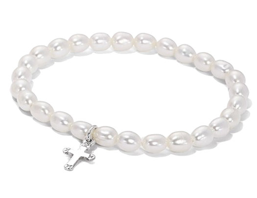 White Freshwater Cultured Pearl Stretch Cross Charm Bracelet