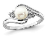 Freshwater Cultured 6mm Button Pearl Ring in Sterling Silver with Accent Diamonds