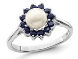 Freshwater Cultured Pearl Ring with Blue Sapphires in Sterling Silver