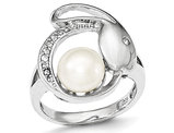 Freshwater Cultured Button Pearl Ring 8mm with Synthetic Cubic Zirconia in Sterling Silver