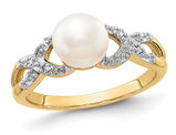 14K Yellow Gold Freshwater Cultured White Pearl Ring with Accent Diamonds