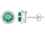 Lab Created Emerald 1.00 Carat (ctw) Solitaire Stud Earrings in 10K White Gold with Diamonds 1/6 Carat (ctw)