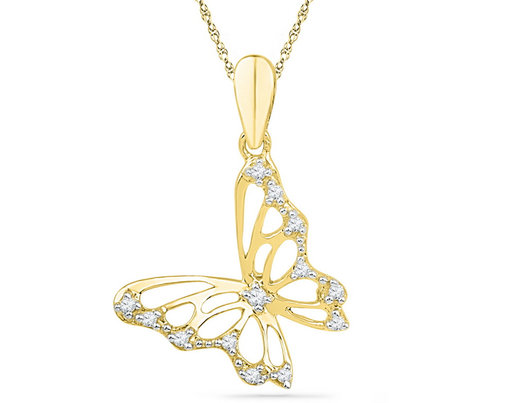 10K Yellow Gold Butterfly Charm Pendant Necklace 1/12 Carat (ctw) Accent Diamond with Chain