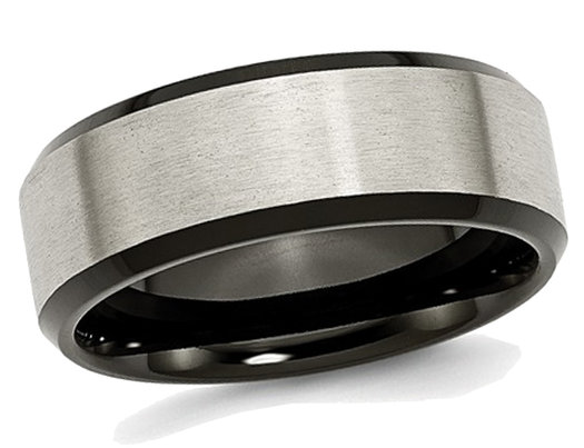 Men's Titanium 8mm Brushed Wedding Band Ring with Black Plated Beveled Edge