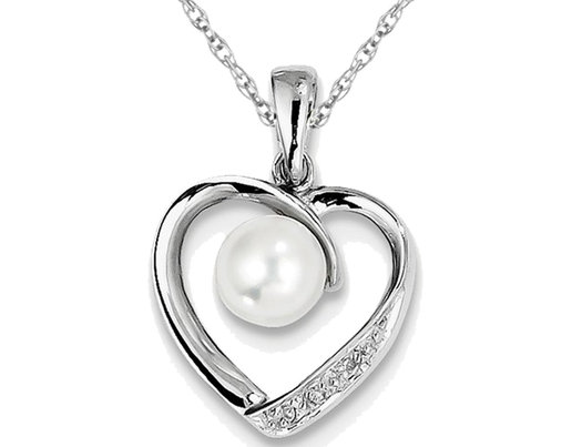 White Freshwater Cultured Pearl 6mm Heart Pendant Necklace in Sterling Silver with Chain