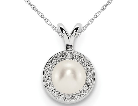 Solitaire White Cultured Freshwater Pearl 6mm Pendant Necklace in Sterling Silver with Chain