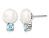 Sterling Silver Freshwater Cultured White Button Pearl 10-11mm Solitaire Stud Earrings with Blue Topaz