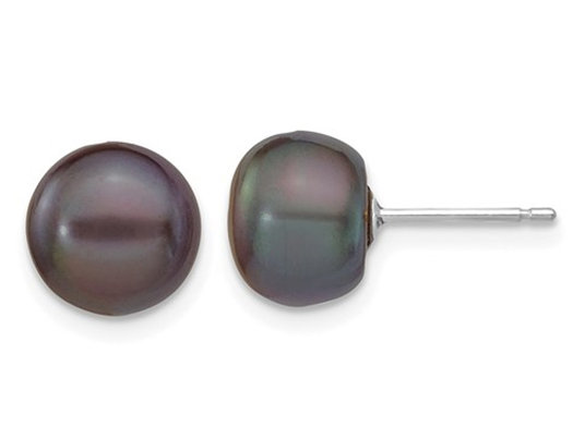 14K Whte Gold Freshwater Cultured Black Button Pearl 8-9mm Solitaire Stud Earrings