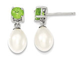 Sterling Silver Freshwater Cultured White Pearl 7-8mm Drop Earrings with Green Peridots