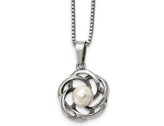 Solitaire White Cultured Freshwater Pearl Pendant Necklace in Stainless Steel