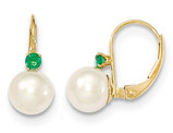 14K Yellow Gold Freshwater Cultured White Pearl 7mm Leverback Earrings with Natural Emeralds