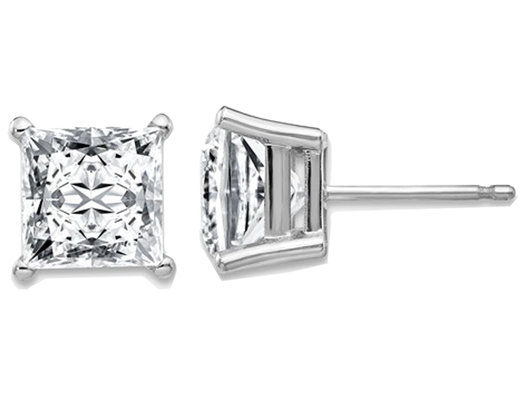 3.75 Carat (7.0mm) Synthetic Moissanite Princess Cut Solitaire Earrings 14K Yellow Gold (4.20 Ct Diamond Look)