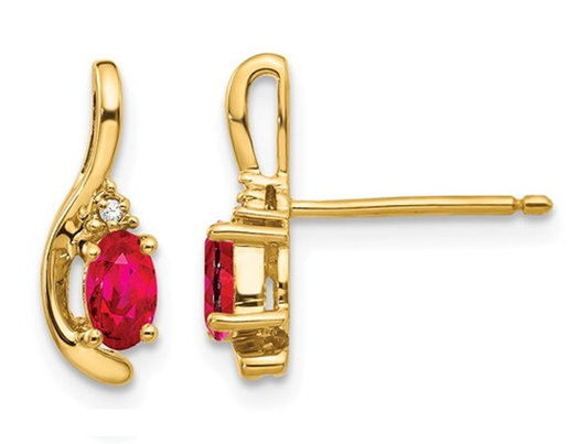 Natural Red Ruby 1/2 Carat (ctw) Oval Stud Earrings in 14K Yellow Gold with Accent Diamonds
