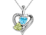 4/5 Carat (ctw) Natural Peridot and Blue Topaz Heart Pendant Necklace in Sterling Silver with Chain