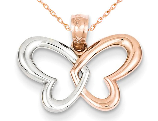 14K Rose Pink Gold Open Butterfly Heart Pendant Necklace with Chain
