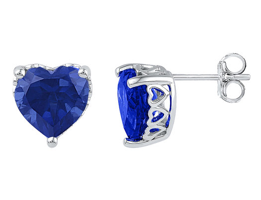 7.00 Carats (ctw) Lab-Created Blue Sapphire Heart Earrings in Sterling Silver