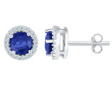1.30 Carats (ctw) Lab-Created Blue Sapphire Halo Stud Earrings in Sterling Silver