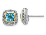 6mm Cushion Cut Blue Topaz Post Earrings in Sterling Silver with 14K Gold Accent