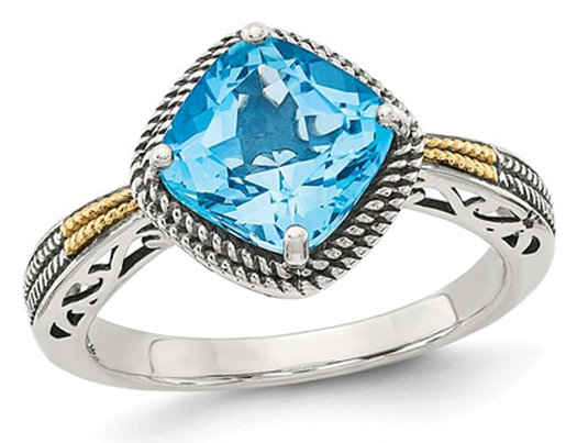 2.70 Carat (ctw) Swiss Blue Topaz Ring in Sterling Silver with 14K Gold Accent