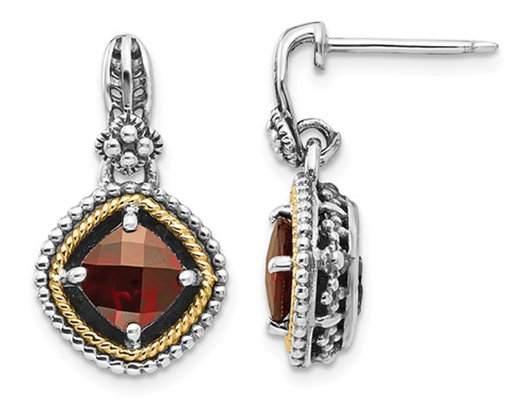 2.00 Carat (ctw) Natural Garnet Dangle Earrings in Sterling Silver with 14K Gold Accents