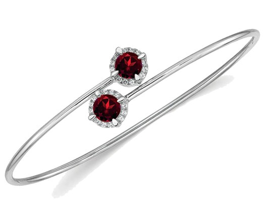 14K White Gold 5mm Natural Garnet Bangle Bracelet with Diamond Accents