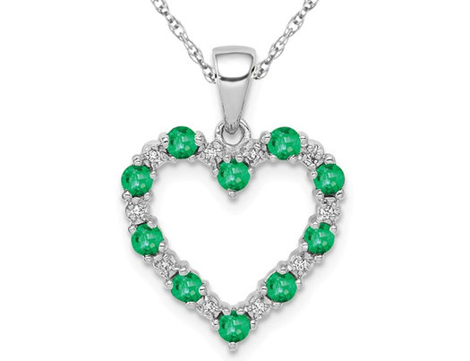 Natural Green Emerald Heart Pendant Necklace 1/3 Carat (ctw) in 14K White Gold with Chain