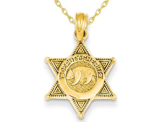 Deputy Sherif Badge with Bear Pendant Necklace in 14K Yellow Gold with Chain