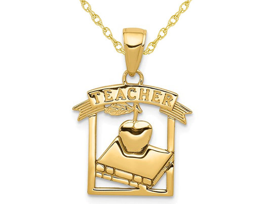 14K Yellow Gold Teacher Apple and Book Charm Pendant Necklace with Chain