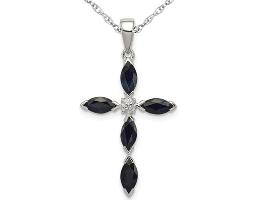 1.40 Carat (ctw) Natural Dark Blue Sapphire Cross Pendant Necklace in Sterling Silver with Chain