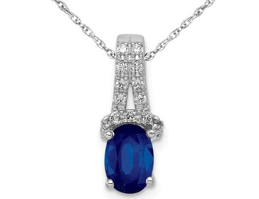 3/4 Carat Natural Blue Sapphire and Diamond Pendant Necklace in 14K White Gold with Chain