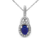 3/5 Carat (ctw) Natural Blue Sapphire Drop Pendant Necklace with Diamonds 1/8 Carat (ctw) in 14K White Gold with Chain