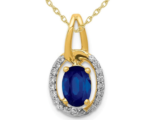 4/5 Carat (ctw) Natural Blue Sapphire Drop Pendant Necklace with Diamonds 1/10 Carat (ctw) in 14K Yellow Gold
