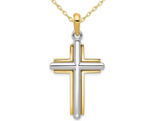 14K Yellow and White Gold Cross Pendant Necklace with Chain