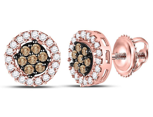 1/4 Carat (ctw I2-I3) Champagne & White Diamond Cluster Post Earrings in 10K Rose Pink Gold