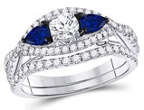 1.35 Carat (G-H, I1-I2) Diamond Engagement Ring Bridal Wedding Set in 14K White Gold with Blue Sapphires