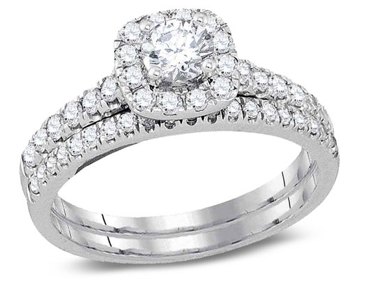 7/8 Carat (Color H-I, I1-I2) Diamond Engagement Bridal Wedding Ring Set 14K White Gold