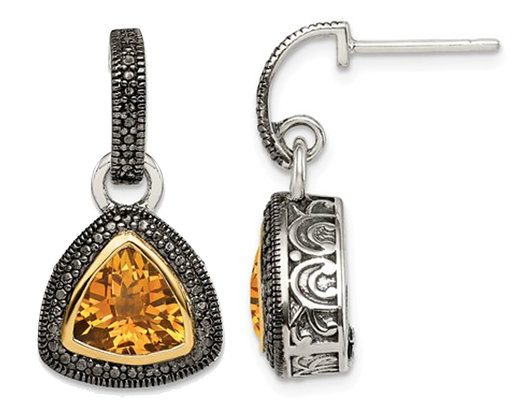 4.00 Carat (ctw) Citrine Dangle Post Earrings in Sterling Silver with 14K Gold Accents