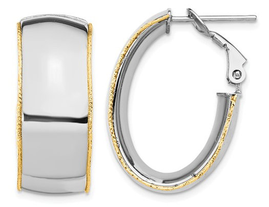 14K White Gold Polished Hoop Earrings With Yellow Gold Accents 9.5mm