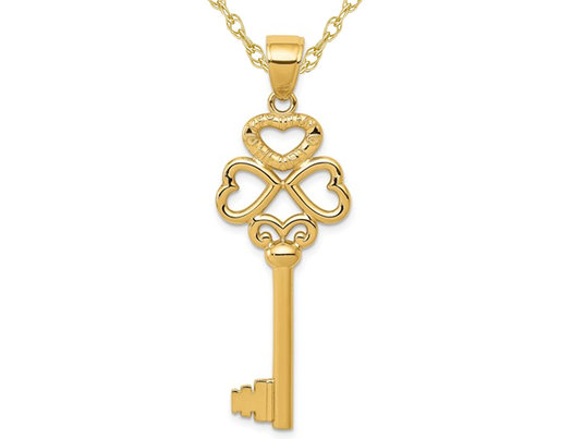 14K Yellow Gold Triple Heart Key Pendant Necklace with Chain
