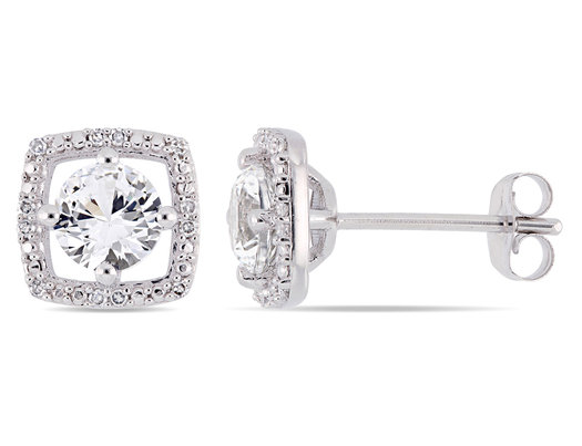 1 1/3 Carat (ctw) Lab Created White Sapphire Solitaire Earrings in 10K White Gold with Diamonds