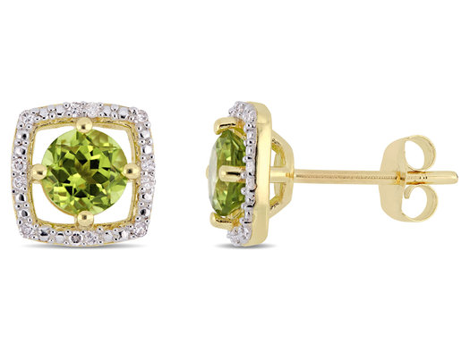 1 1/8 Carat (ctw) Natural Peridot Halo Earrings in 10K Yellow Gold with Diamonds